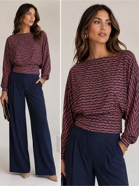 Halston Women's Printed Commuter Dolman-Sleeve Top blouse Sz L NWOT